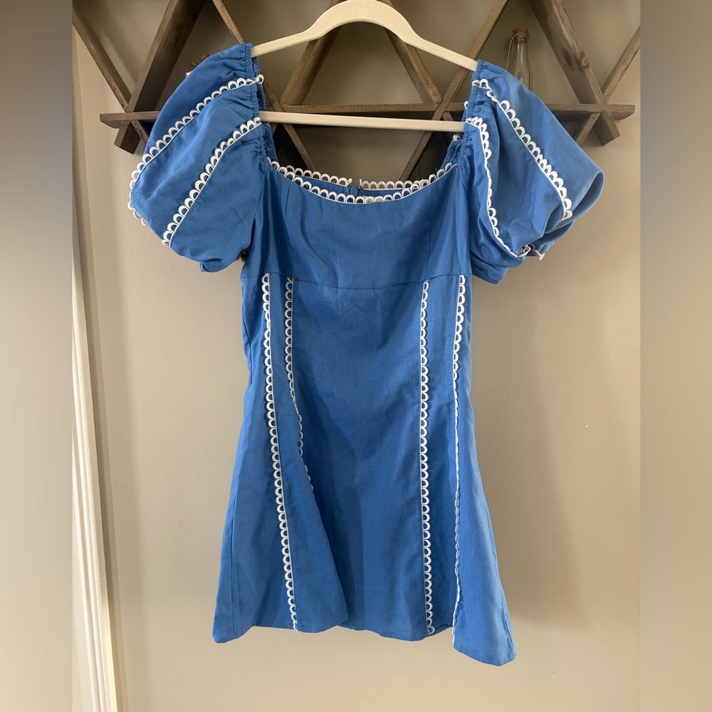 Altar'd State Blue Puff Sleeve Mini Dress with White Trim - Picture 4 of 8